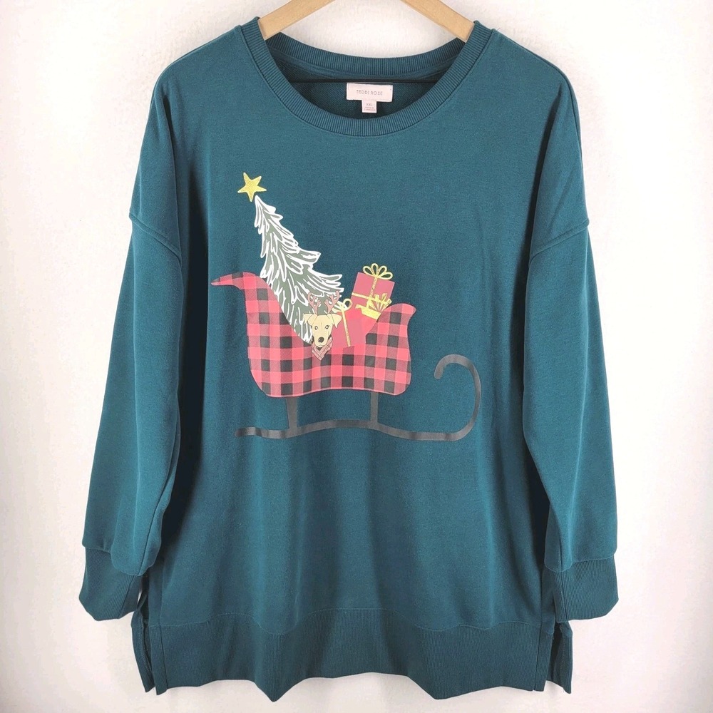 Teddi Rose Women's Christmas Sweatshirt 2X Green Dog Sleigh Cozy Holiday Winter